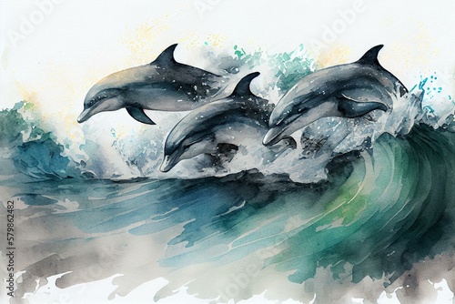 A pod of dolphins playing in the waves  watercolor style. Generative AI