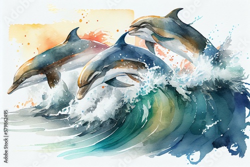 A pod of dolphins playing in the waves, watercolor style. Generative AI