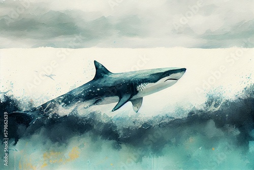 A shark swimming in the distance  watercolor style. Generative AI