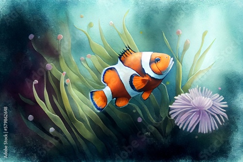 A clownfish darting in and out of an anemone, watercolor style. Generative AI © Наталья Евтехова