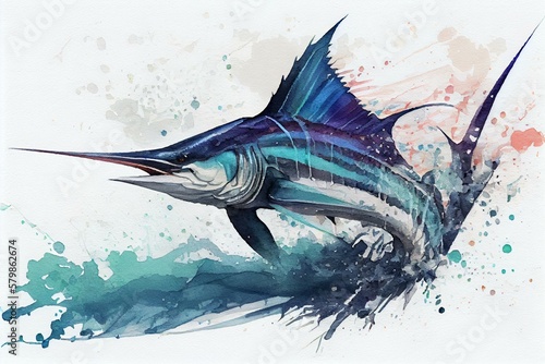 A swordfish speeding through the water, watercolor style. Generative AI photo