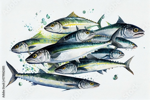 A school of mackerel shimmering in the sunlight, watercolor style. Generative AI