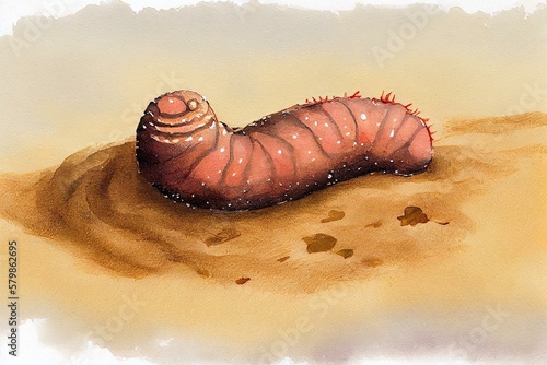 A sea cucumber slowly crawling across the sand, watercolor style. Generative AI photo