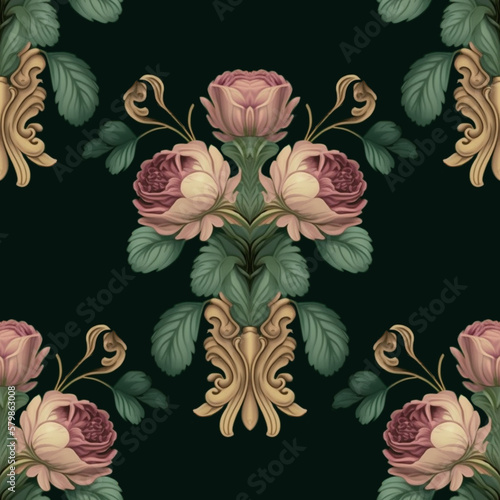 Elegant vintage floral seamless pattern. Botanical background with flowers  roses  peonies  leaves  repeat vignette elements. Old fashioned wallpapers. Illustration created with generative AI tools