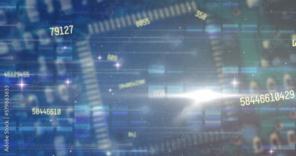 Animation of changing numbers, mosaic squares and light spot over close up of a circuit board Animation of changing numbers, mosaic squares and light spot over close up of a circuit board