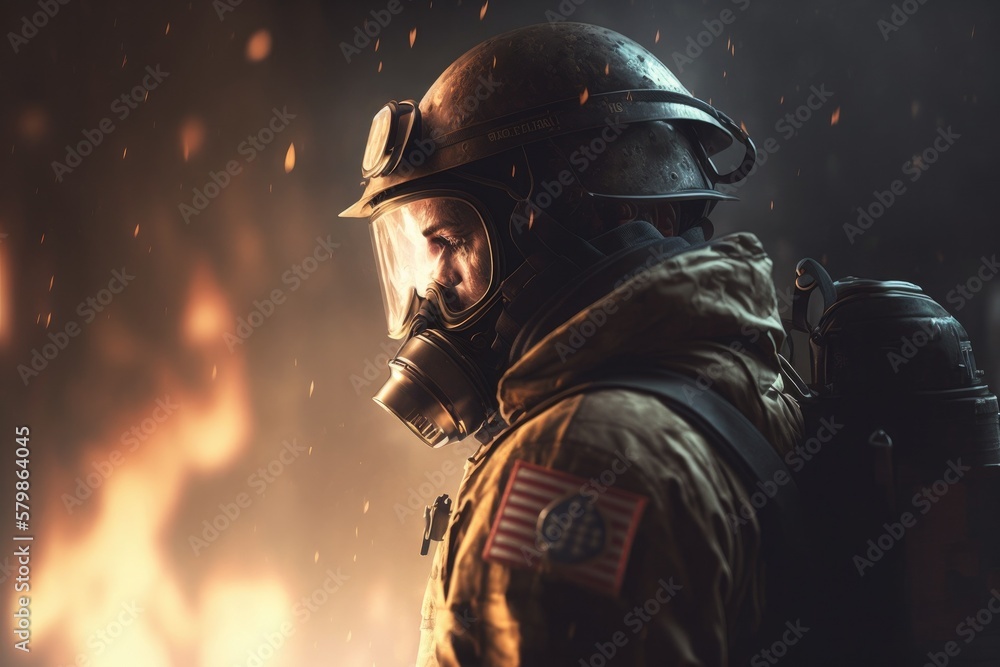 Firefighter searching for possible survives. Generative AI Firefighter searching for possible survives. Generative AI