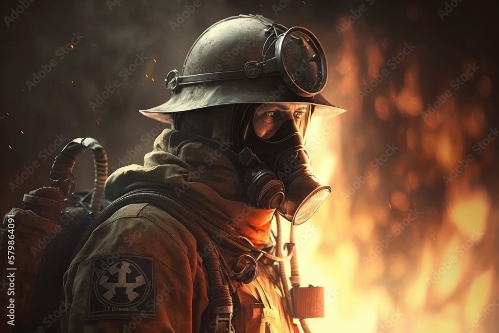 Firefighter searching for possible survives. Generative AI