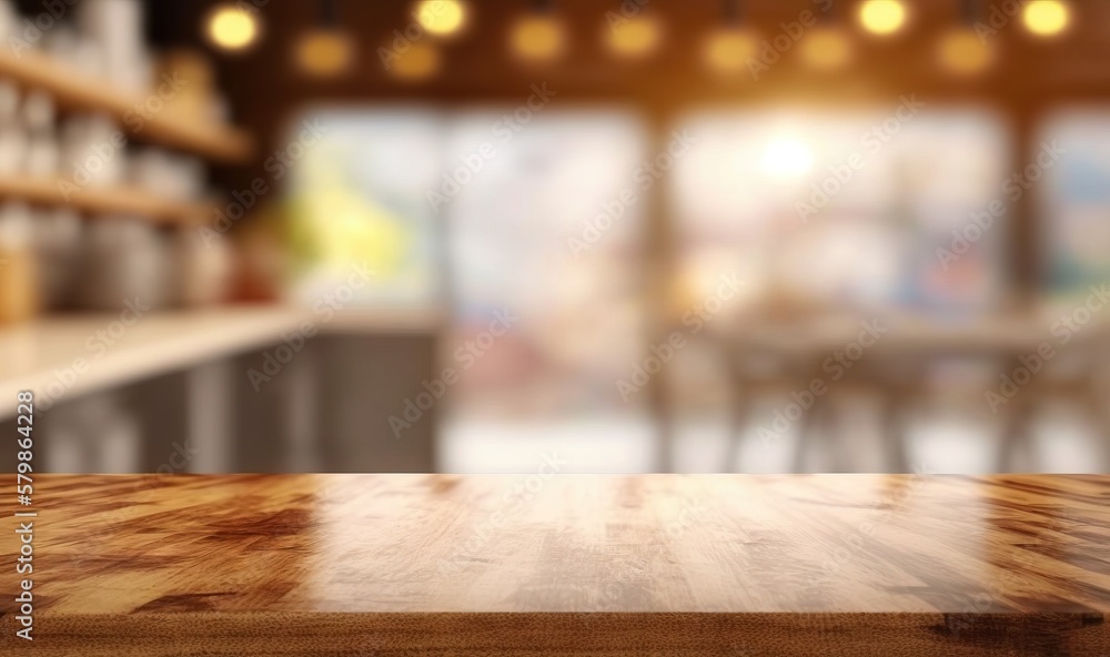  a wooden table top in front of a blurry kitchen.  generative ai