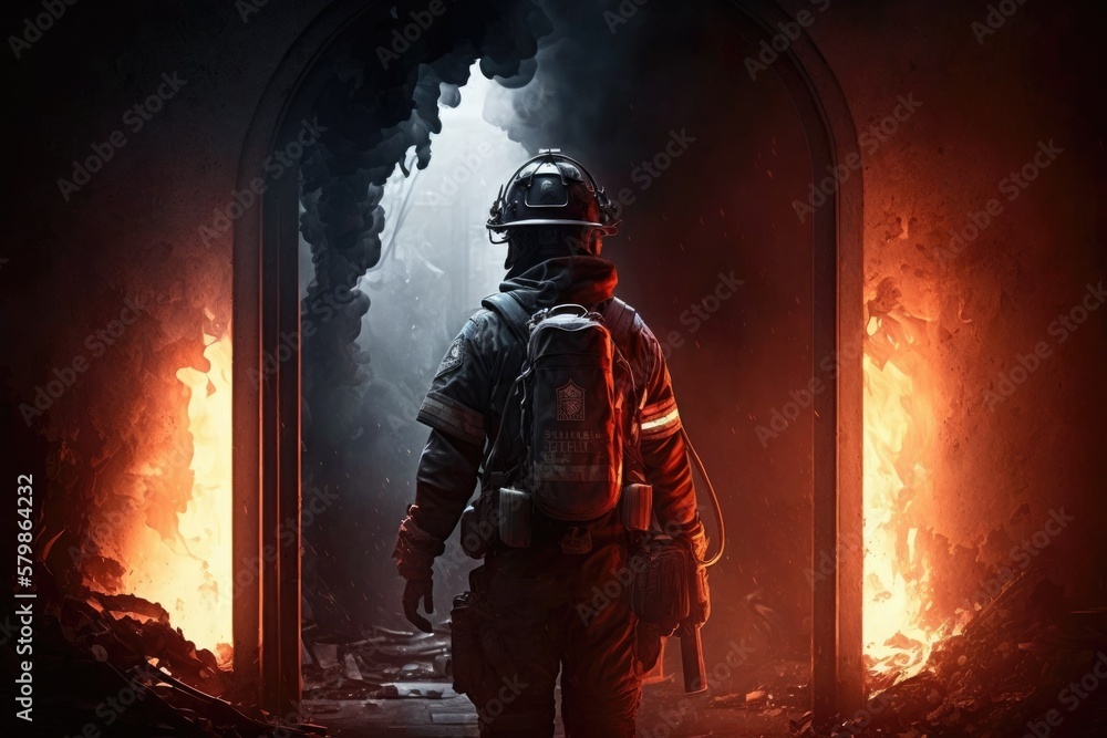 Fototapeta premium Firefighter searching for possible survives. Generative AI