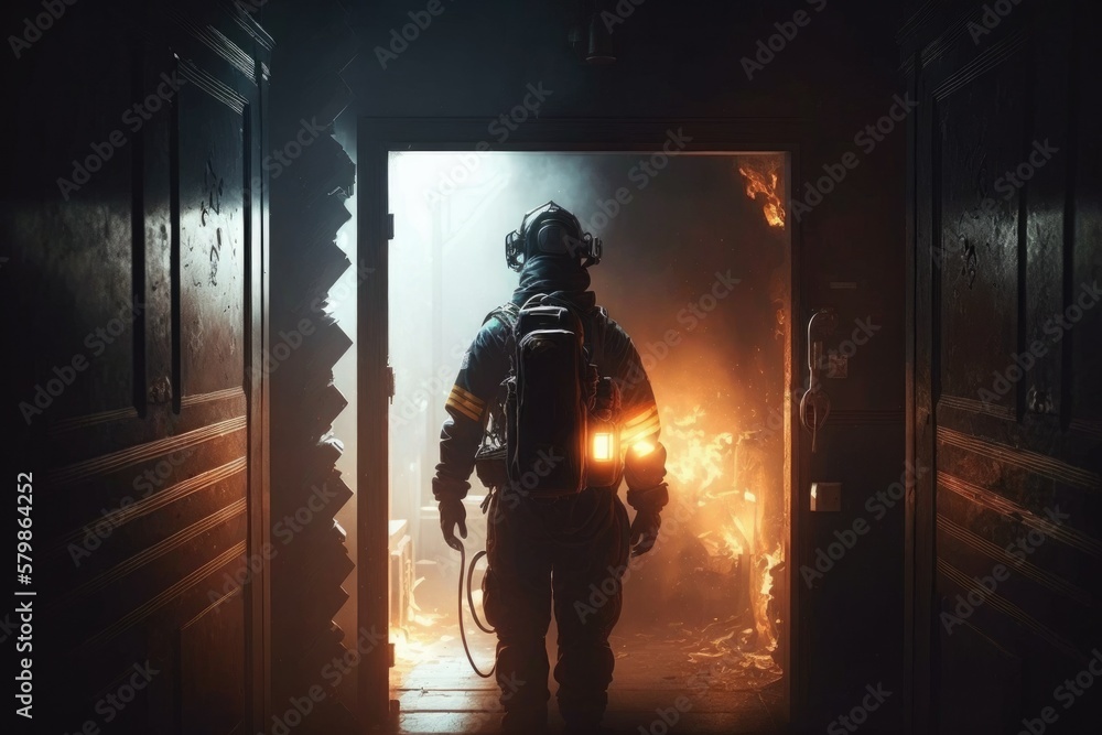 Firefighter searching for possible survives. Generative AI Firefighter searching for possible survives. Generative AI