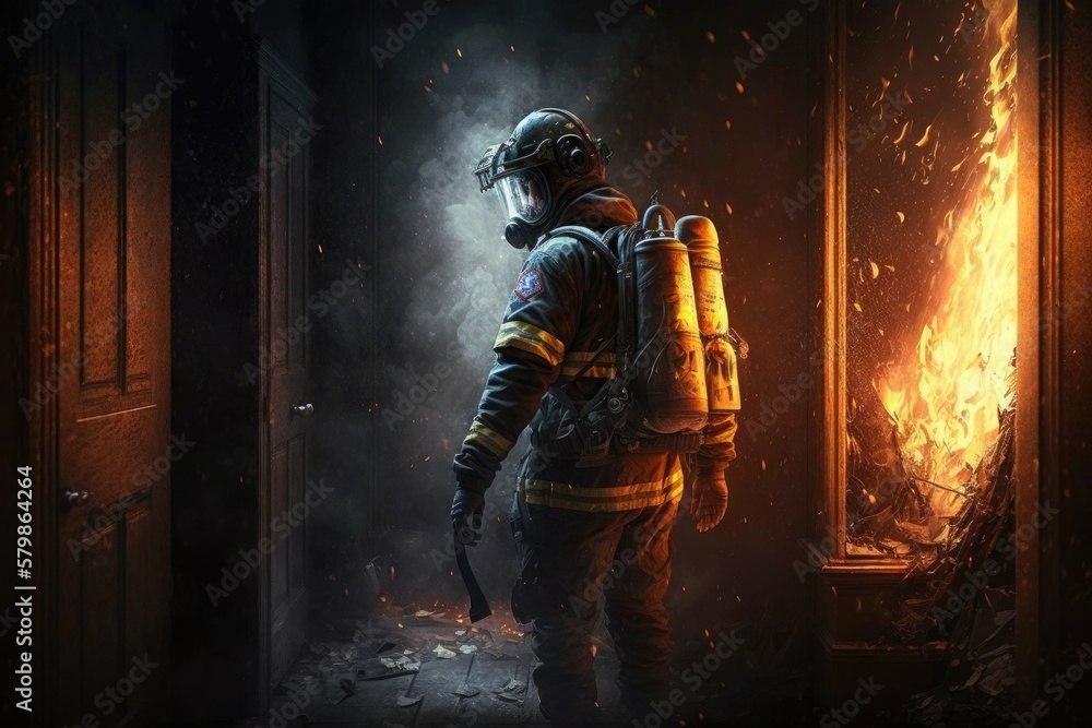 Fototapeta premium Firefighter searching for possible survives. Generative AI