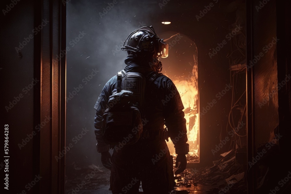 Firefighter searching for possible survives. Generative AI Firefighter searching for possible survives. Generative AI