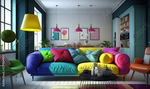  a living room filled with furniture and a colorful couch in front of a window.  generative ai