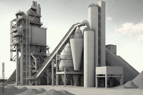 Cement plant with conveyor belts carrying raw materials to the grinding machines, concept of Raw Materials and Grinding Machines, created with Generative AI technology