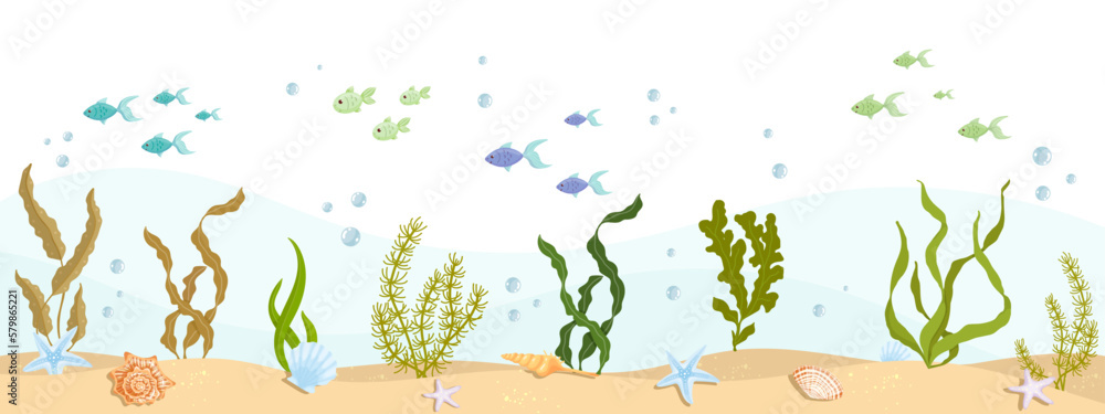 Flocks of fish swim at the bottom of the aquarium.Cartoon vector graphics.