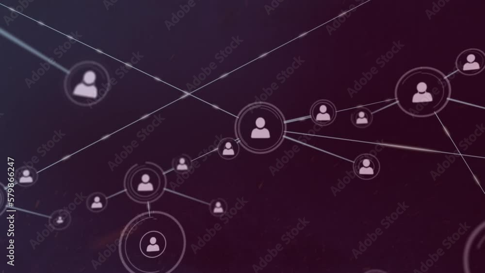 Animation of network of connections with icons over dark background Animation of network of connections with icons over dark background