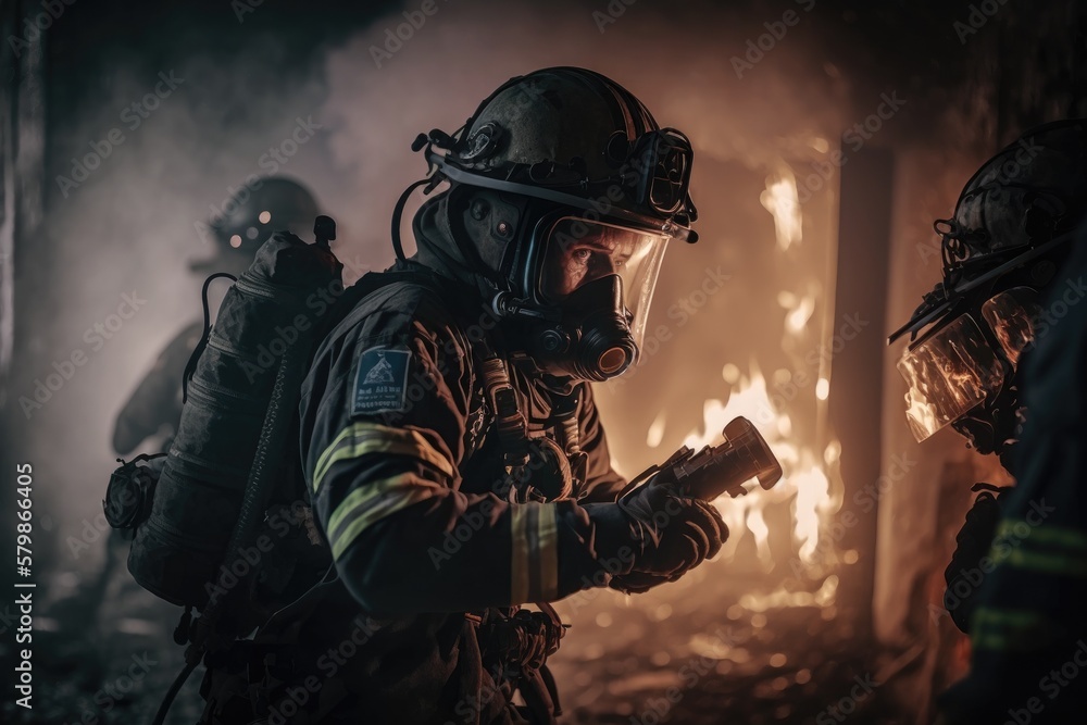 Firefighter searching for possible survives. Generative AI Firefighter searching for possible survives. Generative AI