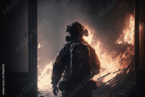 Firefighter searching for possible survives. Generative AI © ChaoticMind