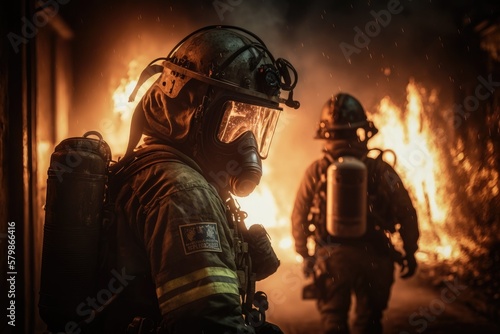 Firefighter searching for possible survives. Generative AI © ChaoticMind