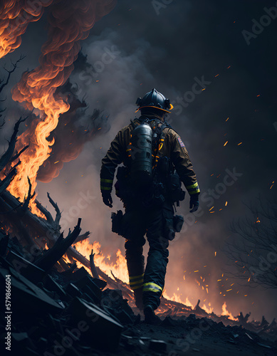 Fireman going in burning wildfire. Concept of hero at work