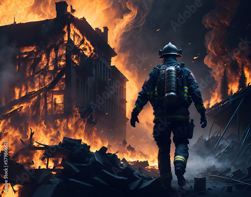 Fireman with extinguisher going in burning building. Concept of hero at work