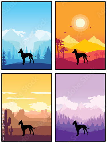 Cirneco Dell Etna Dog Breed Silhouette Sunset Forest Nature Background 4 Posters Stickers Cards Vector Illustration EPS photo