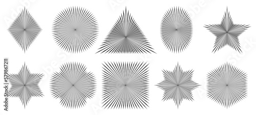 Triangle, square, star, rhombus, oval shapes for your design with sunburst, sunbeams inside for your design.