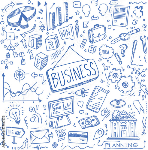 Business hand drawn doodle vector elements, cartoon illustrated details in blue color