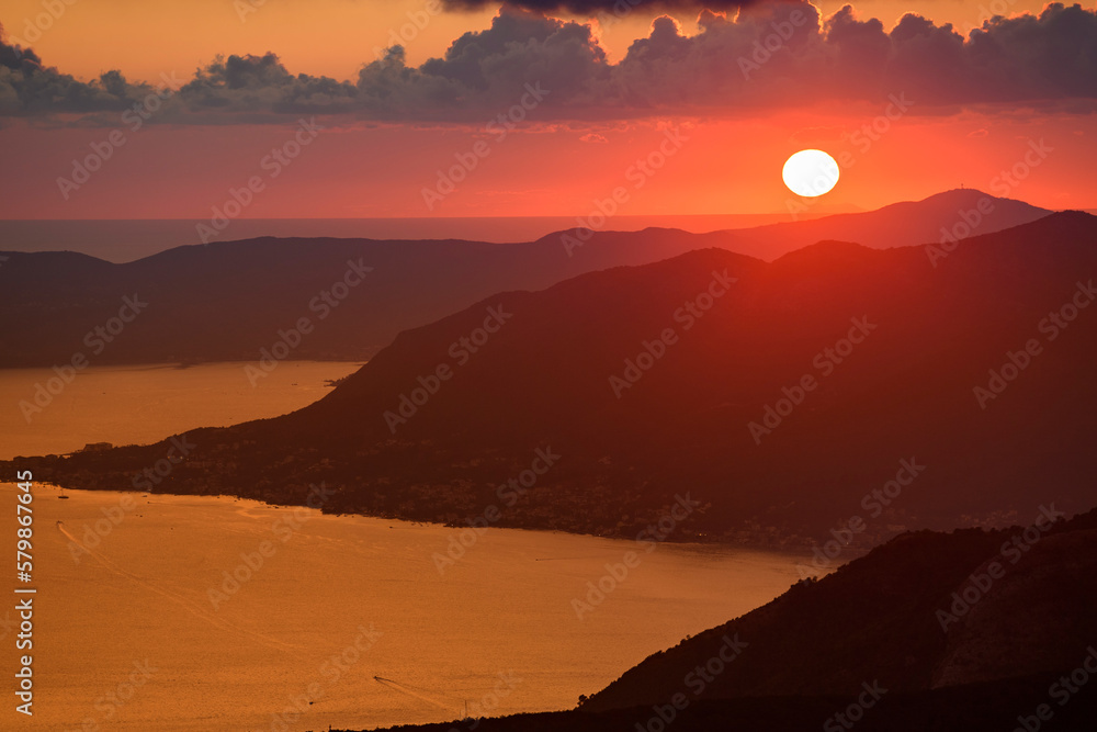 Fototapeta premium Sunset in Kotor bay. Montenegro, Adriatic Sea, Balkans