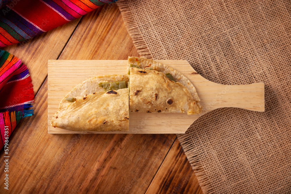 Quesadilla de Comal con queso y Nopales. Typical Mexican quesadilla