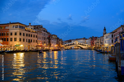 Venice, Italy: Grand Canal at evening in the background with Rialto Bridge, blue hour