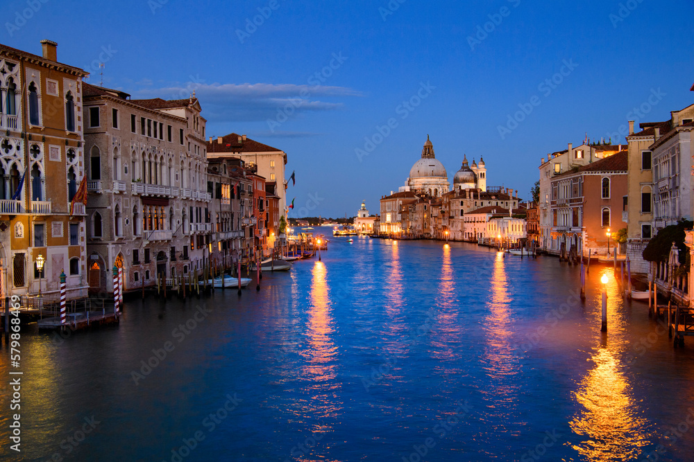 Venice, Italy - Grand Canal and Basilica Santa Maria della Salute after sunset