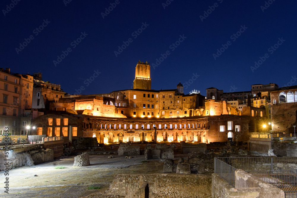 Rome, Italy - Trajan's market at night. Ancient roman shopping center