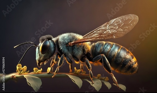  a close up of a bee on a plant with leaves. generative ai