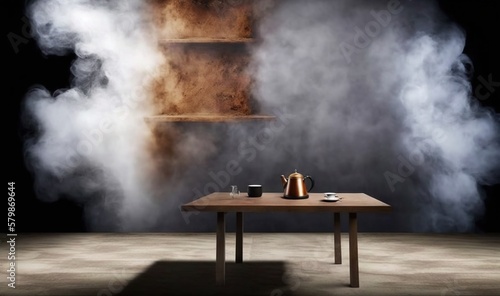 a wooden table with a kettle and a cup on it. generative ai