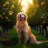 golden retriever in an apple orchard