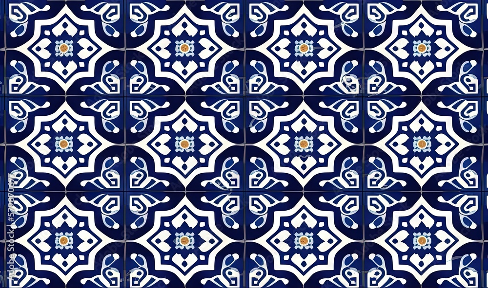  a blue and white tile pattern with a flower design on it.  generative ai