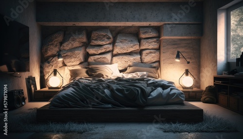bedroom of the future with a beautiful rock design