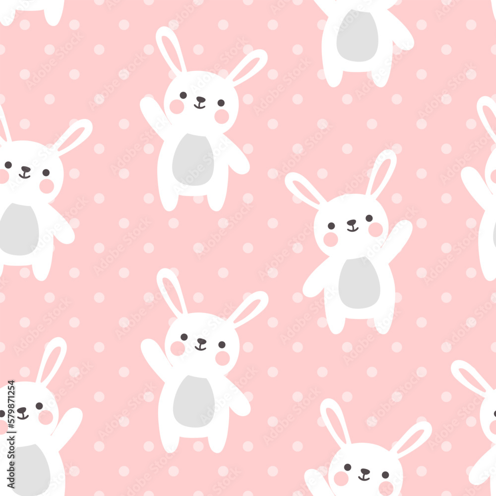 Cute white rabbit on a pastel pink background with polka dot texture, kids kawaii seamless pattern Cute white rabbit on a pastel pink background with polka dot texture, kids kawaii seamless pattern