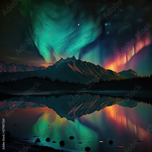 Abstract and fictional Northern Lights landscapes created in AI in high quality