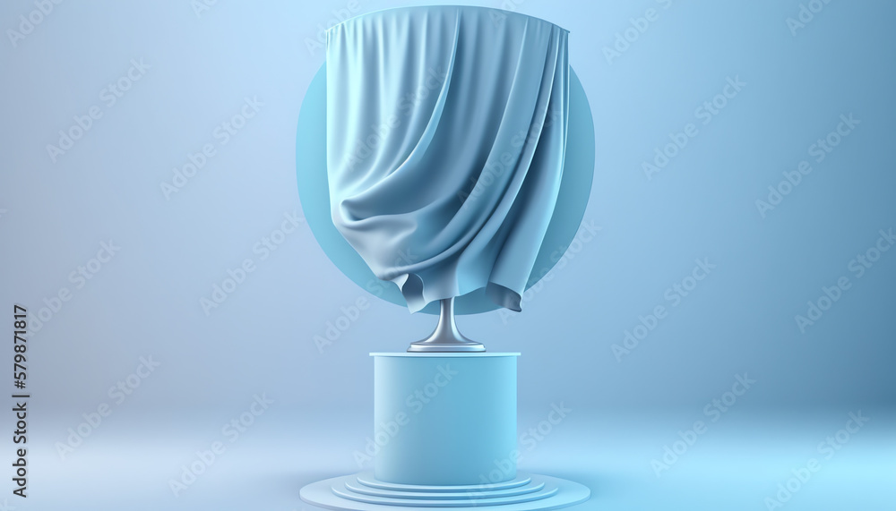 3D display podium, pastel blue background with pedestal and flying silk cloth curtain. Frosting Cold wind. Nature Beauty, cosmetic product presentation stand. Luxury winter mockup. 3d render template 3D display podium, pastel blue background with pedestal and flying silk cloth curtain. Frosting Cold wind. Nature Beauty, cosmetic product presentation stand. Luxury winter mockup. 3d render template