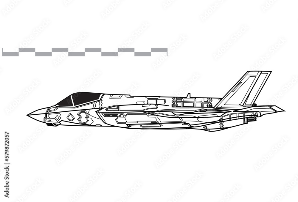 Lockheed Martin F-35A Lightning II. Vector drawing of stealth multirole fighter. Side view. Image for illustration and infographics.