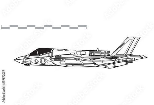 Lockheed Martin F-35A Lightning II. Vector drawing of stealth multirole fighter. Side view. Image for illustration and infographics.