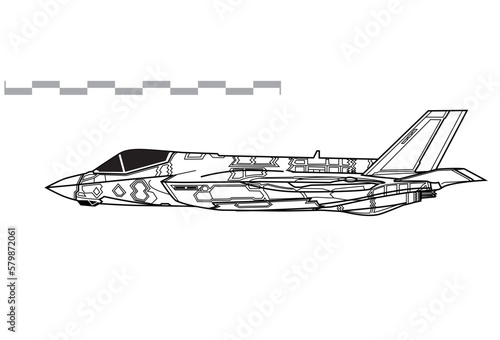 Lockheed Martin F-35C Lightning II. Vector drawing of carrier based stealth multirole fighter. Side view. Image for illustration and infographics. photo