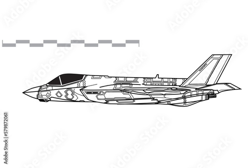 Lockheed Martin F-35C Lightning II. Vector drawing of carrier based stealth multirole fighter. Side view. Image for illustration and infographics.
