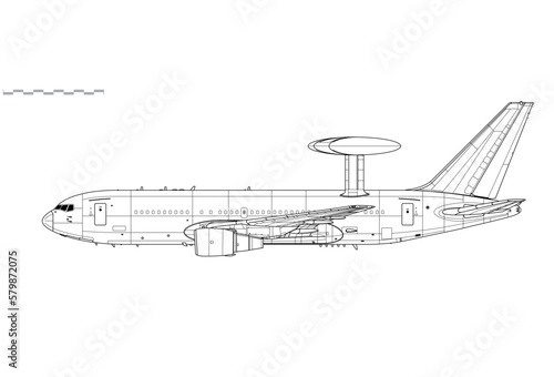 Boeing E-767 AWACS. Vector drawing of Airborne Warning and Control System aircraft. Side view. Image for illustration and infographics. photo