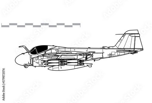 Grumman A-6E Intruder. Vector drawing of carrier based attack aircraft. Side view. Image for illustration and infographics.