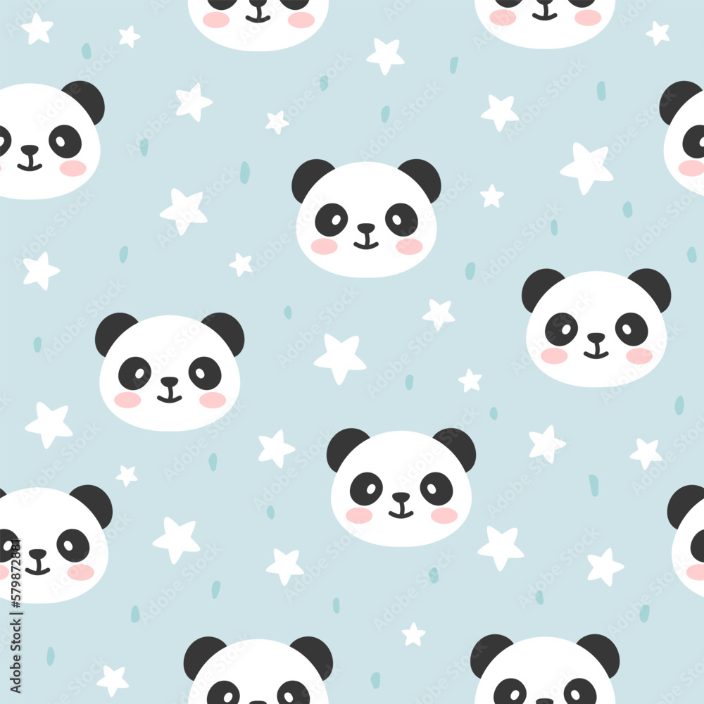 Cute panda bear blue background with stars texture baby girl and boy seamless pattern for fabric and textile print, wrapping paper vector design