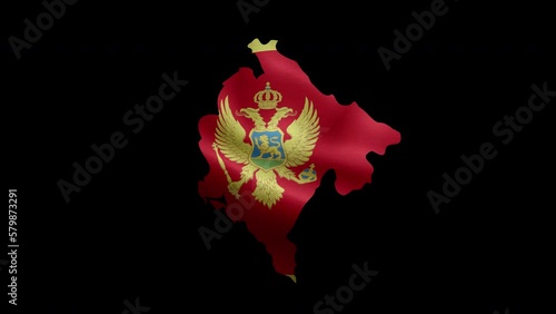 4K waving national flag of Montenegro on the map. Alpha channel seamless Montenegrin flag on territory. Outline geographic country border of Montenegro stock video.