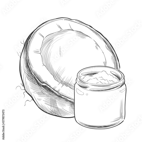 Composition with coconut and coconut oil in glass jar, isolated vector